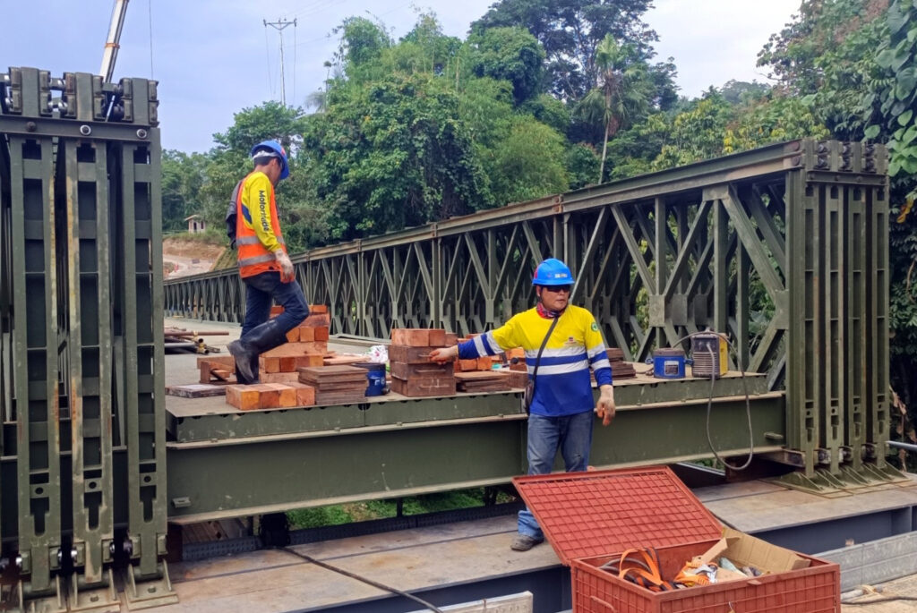 Pre-fabricated bailey steel bridge under construction